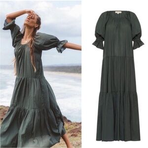 Daughters of India Sahana Emerald Green Cotton Tiered Puff Sleeve Maxi Dress M